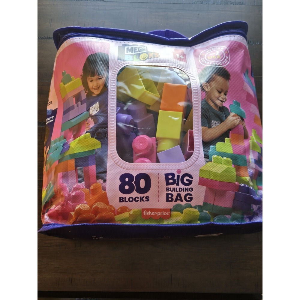 Mega Bloks Fisher-Price Toy Blocks Pink Big Building Bag With Storage -80 Pieces